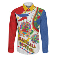 Philippines MassKara Festival Family Matching Off Shoulder Short Dress and Hawaiian Shirt Smile Masks with Hawaiian Art Pattern and Tropical Plants