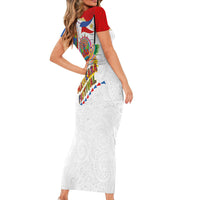 Philippines MassKara Festival Family Matching Short Sleeve Bodycon Dress and Hawaiian Shirt Smile Masks with Hawaiian Art Pattern and Tropical Plants