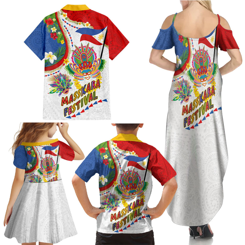 Philippines MassKara Festival Family Matching Summer Maxi Dress and Hawaiian Shirt Smile Masks with Hawaiian Art Pattern and Tropical Plants