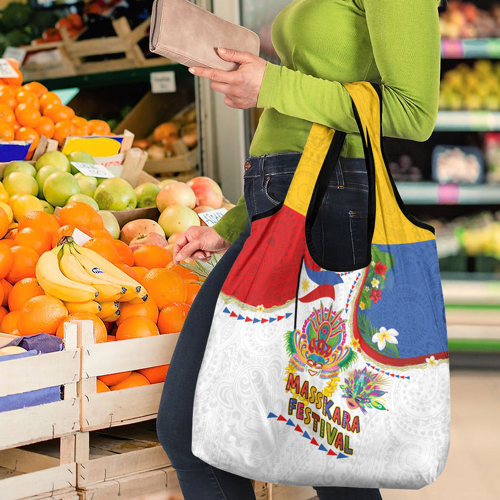 Philippines MassKara Festival Grocery Bag Smile Masks with Hawaiian Art Pattern and Tropical Plants