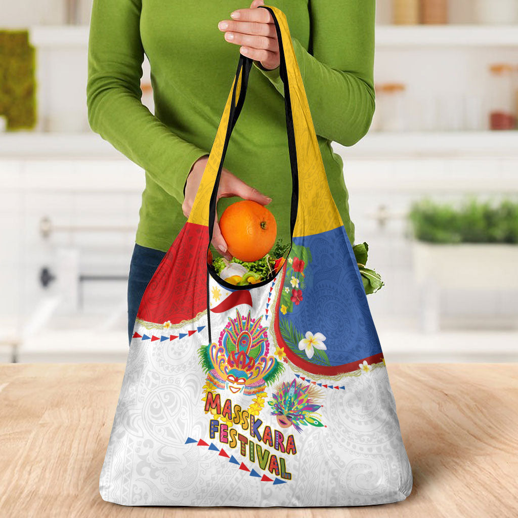 Philippines MassKara Festival Grocery Bag Smile Masks with Hawaiian Art Pattern and Tropical Plants