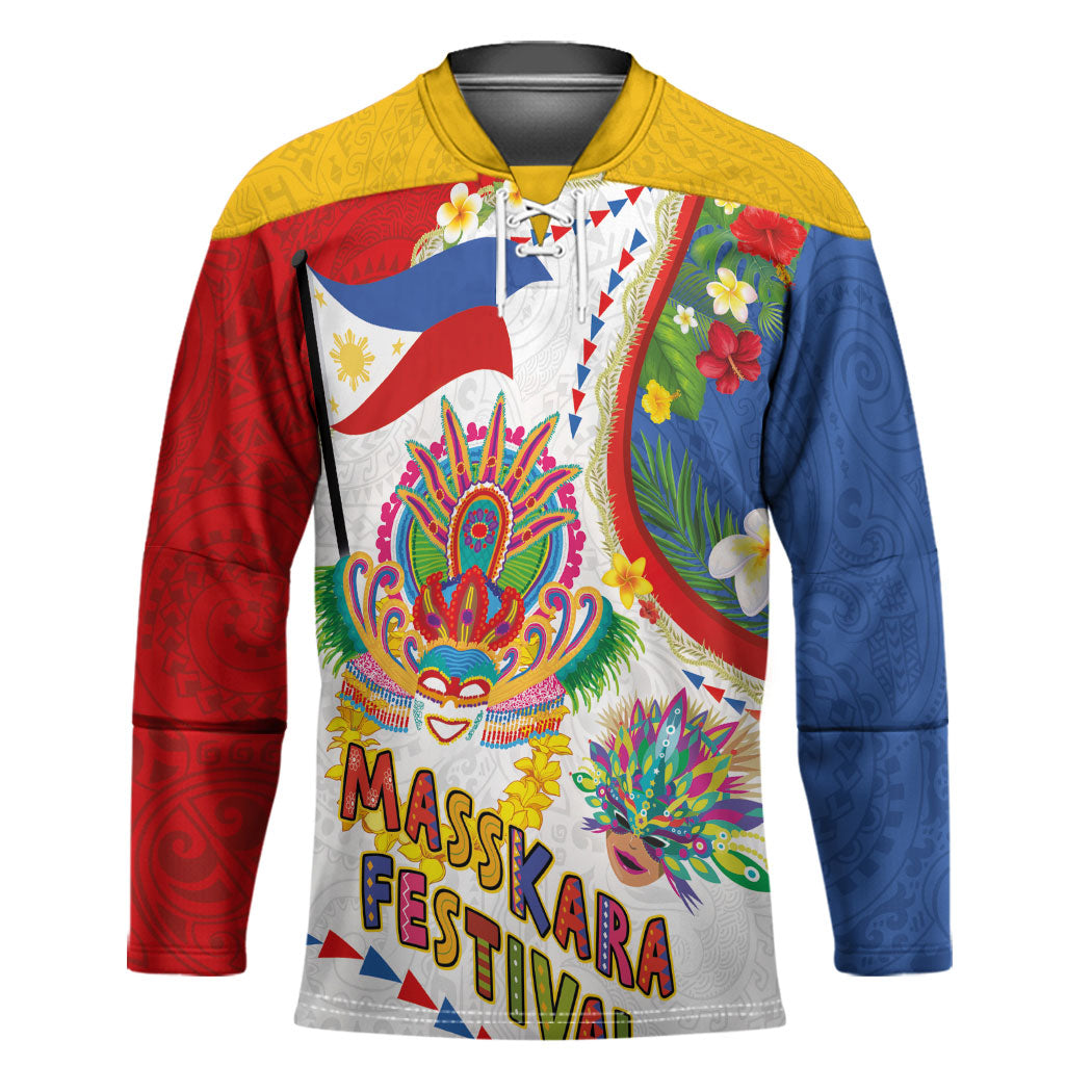 Philippines MassKara Festival Hockey Jersey Smile Masks with Hawaiian Art Pattern and Tropical Plants