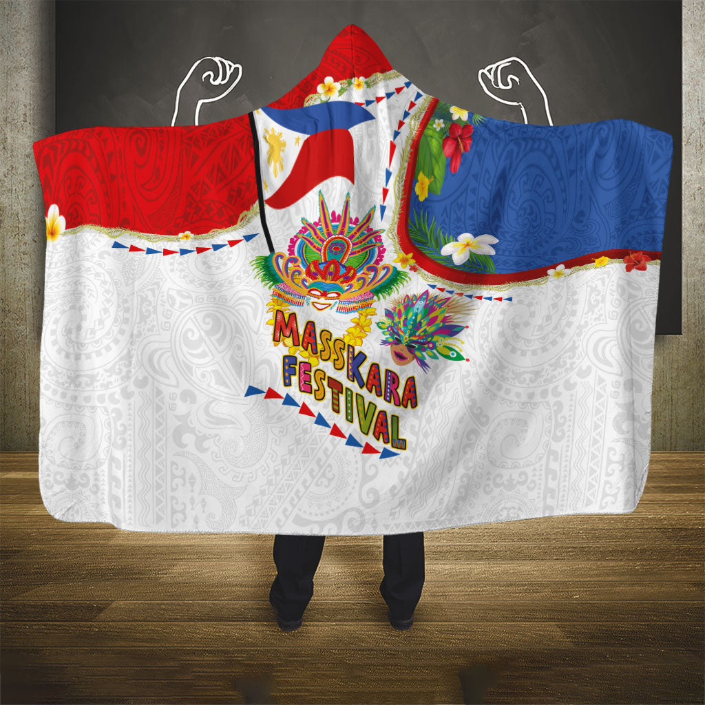 Philippines MassKara Festival Hooded Blanket Smile Masks with Hawaiian Art Pattern and Tropical Plants