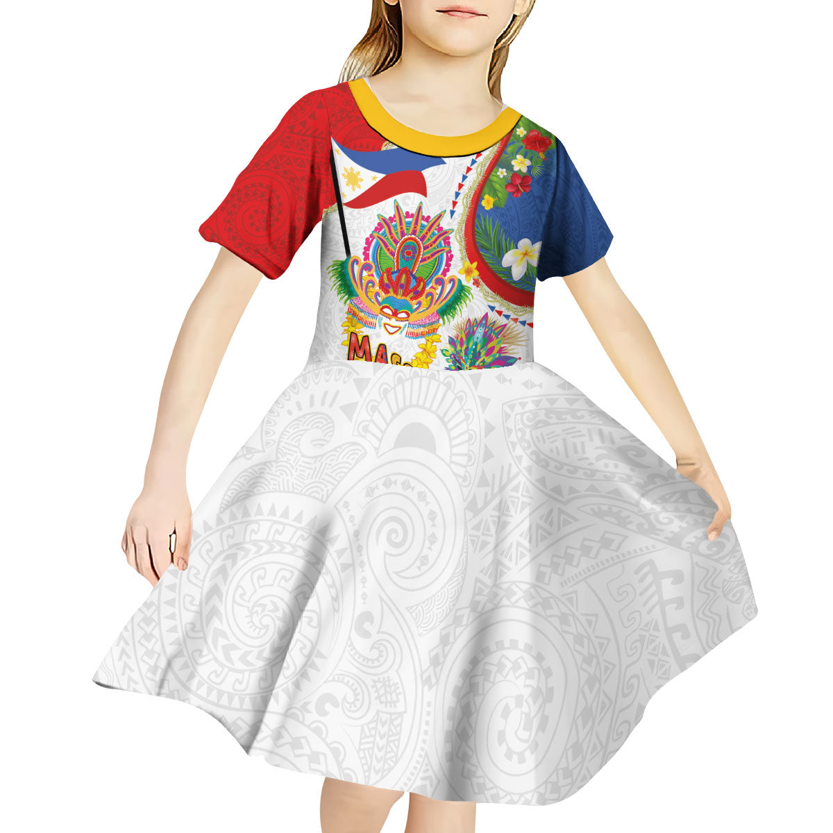 Philippines MassKara Festival Kid Short Sleeve Dress Smile Masks with Hawaiian Art Pattern and Tropical Plants