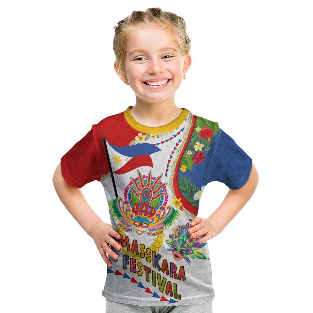 Philippines MassKara Festival Kid T Shirt Smile Masks with Hawaiian Art Pattern and Tropical Plants LT03 Multicolor - Polynesian Pride