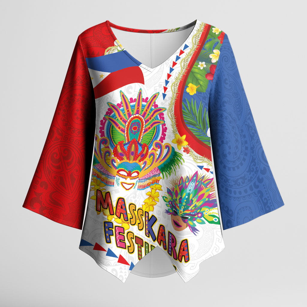 Philippines MassKara Festival Kimono Sleeve Blouse Smile Masks with Hawaiian Art Pattern and Tropical Plants LT03 Female Multicolor - Polynesian Pride