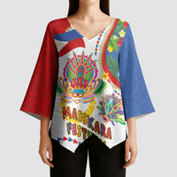 Philippines MassKara Festival Kimono Sleeve Blouse Smile Masks with Hawaiian Art Pattern and Tropical Plants
