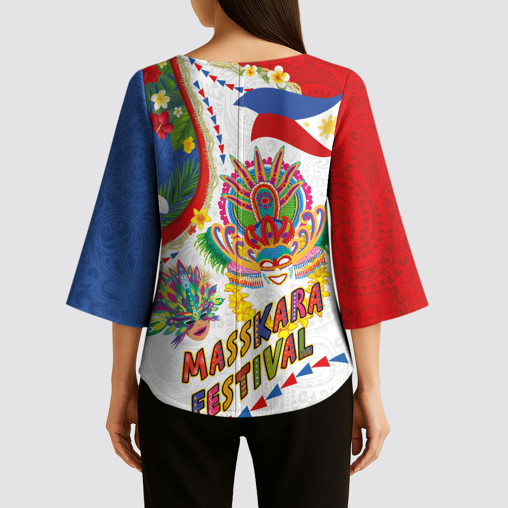 Philippines MassKara Festival Kimono Sleeve Blouse Smile Masks with Hawaiian Art Pattern and Tropical Plants