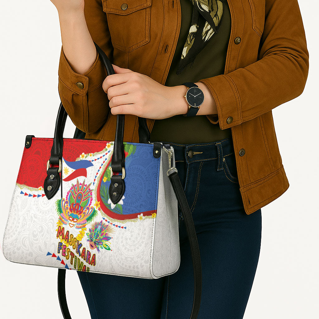 Philippines MassKara Festival Leather Bag Smile Masks with Hawaiian Art Pattern and Tropical Plants