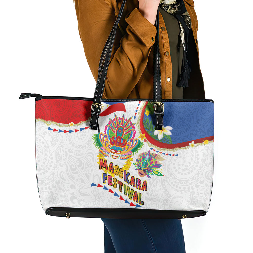 Philippines MassKara Festival Leather Tote Bag Smile Masks with Hawaiian Art Pattern and Tropical Plants