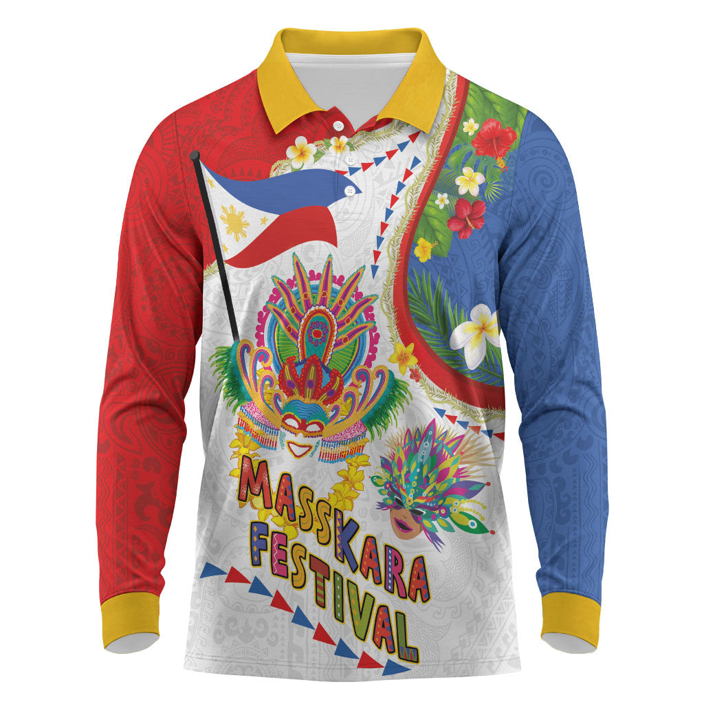 Philippines MassKara Festival Long Sleeve Polo Shirt Smile Masks with Hawaiian Art Pattern and Tropical Plants