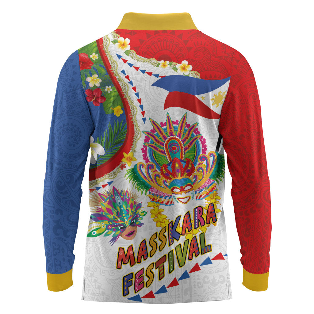 Philippines MassKara Festival Long Sleeve Polo Shirt Smile Masks with Hawaiian Art Pattern and Tropical Plants