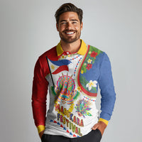 Philippines MassKara Festival Long Sleeve Polo Shirt Smile Masks with Hawaiian Art Pattern and Tropical Plants