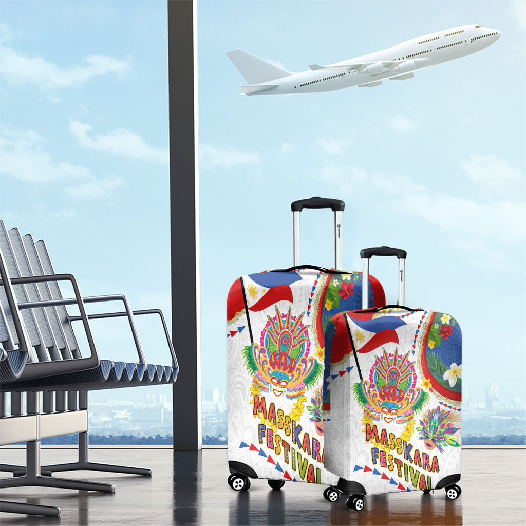 Philippines MassKara Festival Luggage Cover Smile Masks with Hawaiian Art Pattern and Tropical Plants
