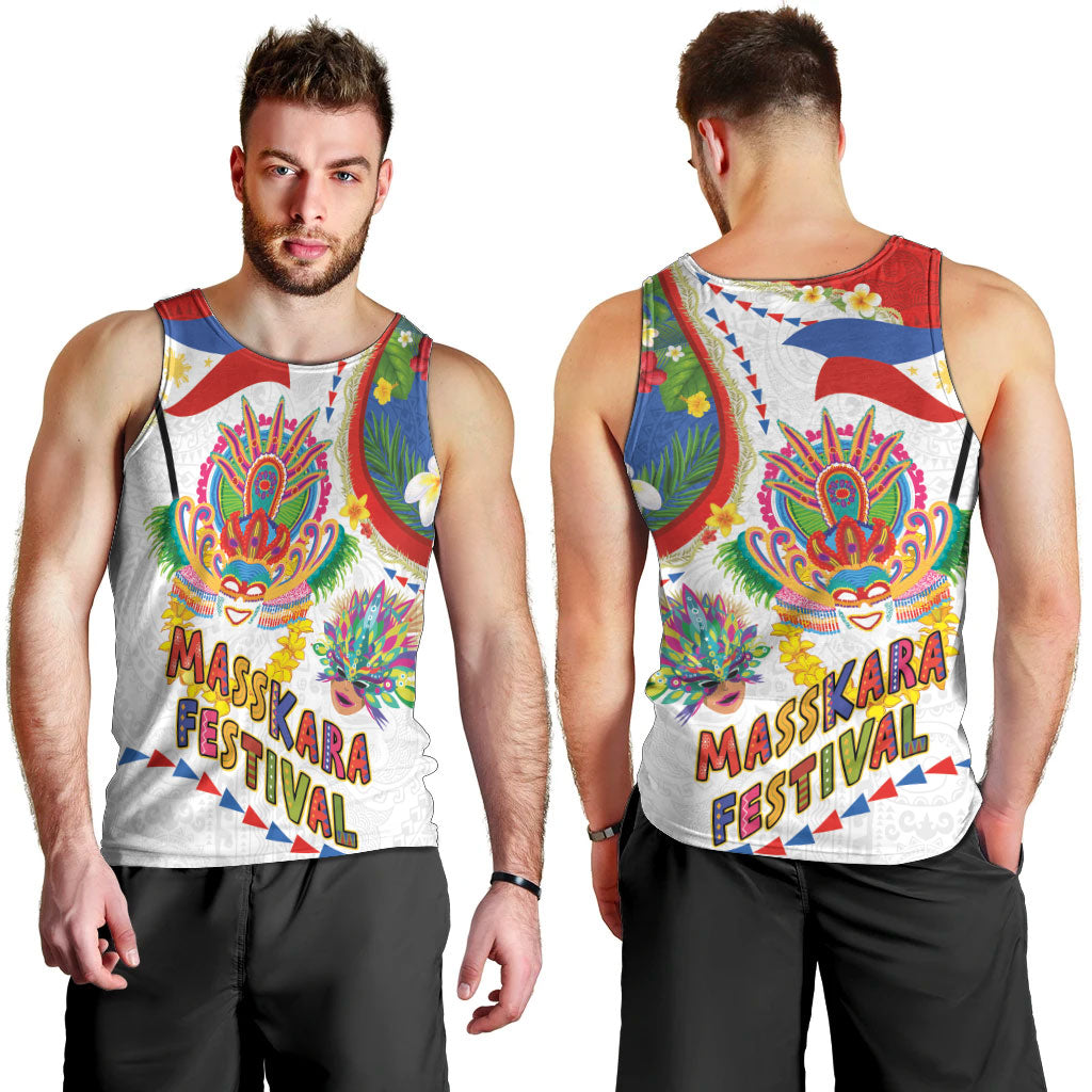 Philippines MassKara Festival Men Tank Top Smile Masks with Hawaiian Art Pattern and Tropical Plants
