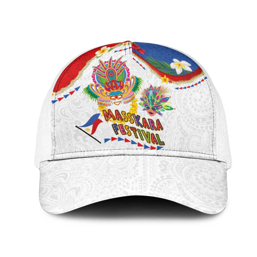 Philippines MassKara Festival Mesh Trucker Cap Smile Masks with Hawaiian Art Pattern and Tropical Plants LT03 One Size White Multicolor - Polynesian Pride