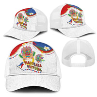 Philippines MassKara Festival Mesh Trucker Cap Smile Masks with Hawaiian Art Pattern and Tropical Plants