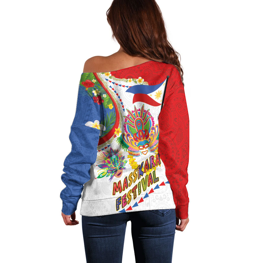Philippines MassKara Festival Off Shoulder Sweater Smile Masks with Hawaiian Art Pattern and Tropical Plants