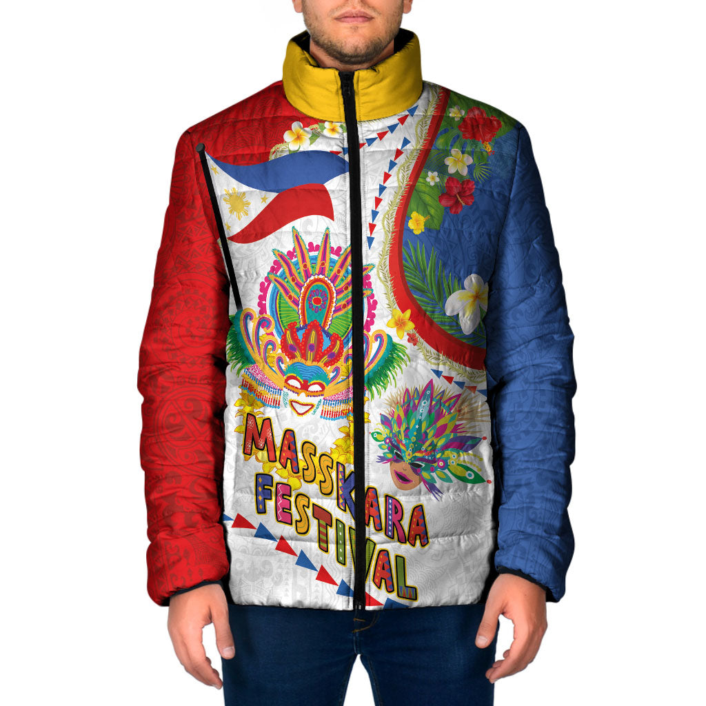Philippines MassKara Festival Padded Jacket Smile Masks with Hawaiian Art Pattern and Tropical Plants