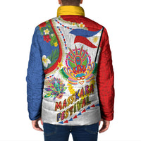 Philippines MassKara Festival Padded Jacket Smile Masks with Hawaiian Art Pattern and Tropical Plants