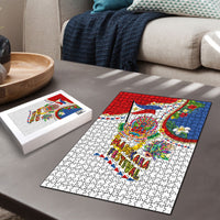Philippines MassKara Festival Puzzle Smile Masks with Hawaiian Art Pattern and Tropical Plants
