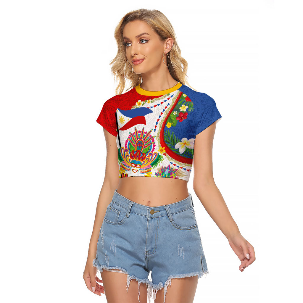 Philippines MassKara Festival Raglan Cropped T Shirt Smile Masks with Hawaiian Art Pattern and Tropical Plants LT03 Female Multicolor - Polynesian Pride