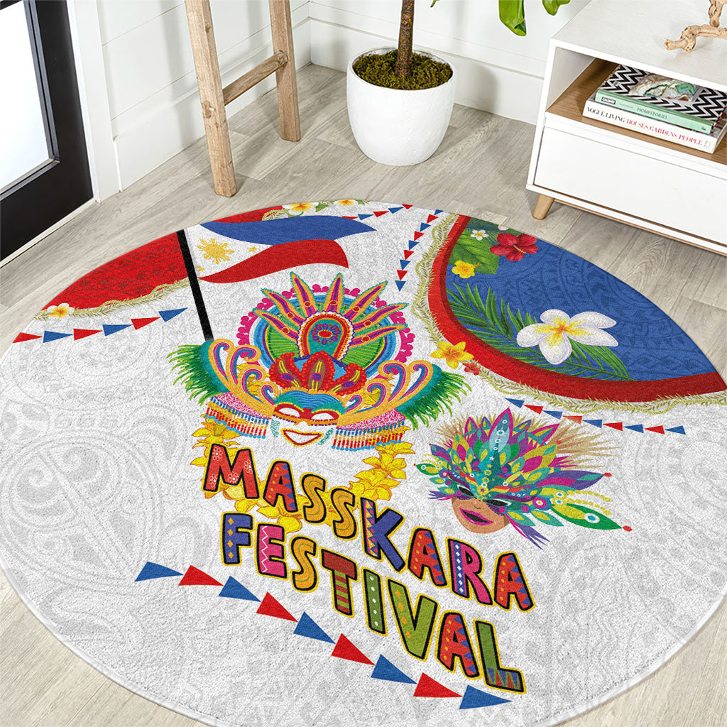 Philippines MassKara Festival Round Carpet Smile Masks with Hawaiian Art Pattern and Tropical Plants