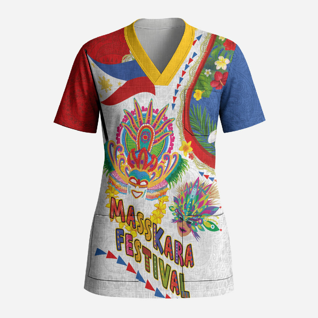 Philippines MassKara Festival Scrub Top Smile Masks with Hawaiian Art Pattern and Tropical Plants