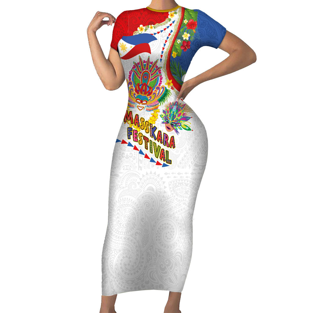 Philippines MassKara Festival Short Sleeve Bodycon Dress Smile Masks with Hawaiian Art Pattern and Tropical Plants