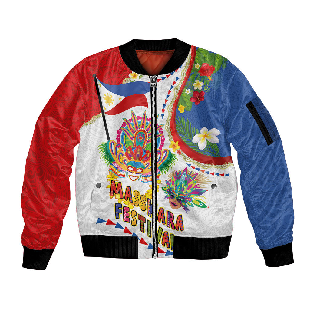 Philippines MassKara Festival Sleeve Zip Bomber Jacket Smile Masks with Hawaiian Art Pattern and Tropical Plants
