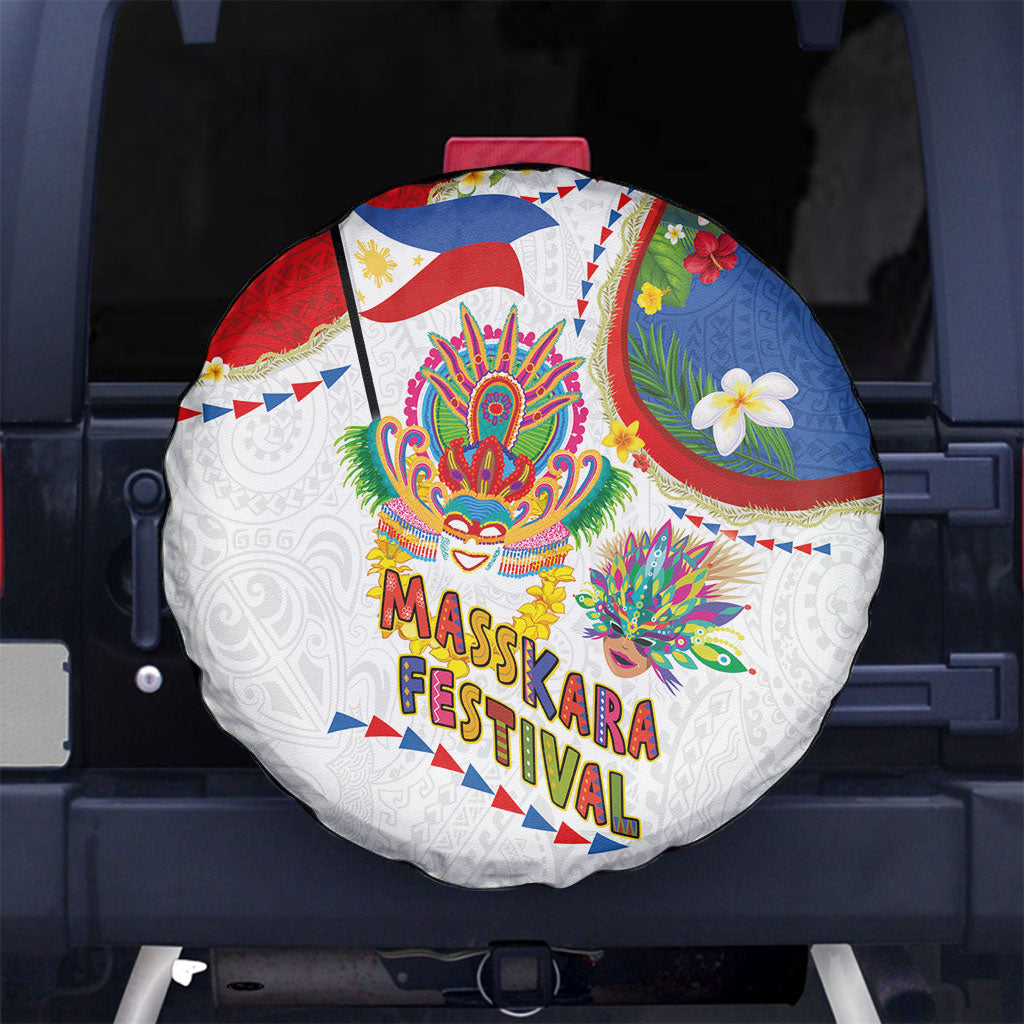 Philippines MassKara Festival Spare Tire Cover Smile Masks with Hawaiian Art Pattern and Tropical Plants LT03 No hole Multicolor - Polynesian Pride
