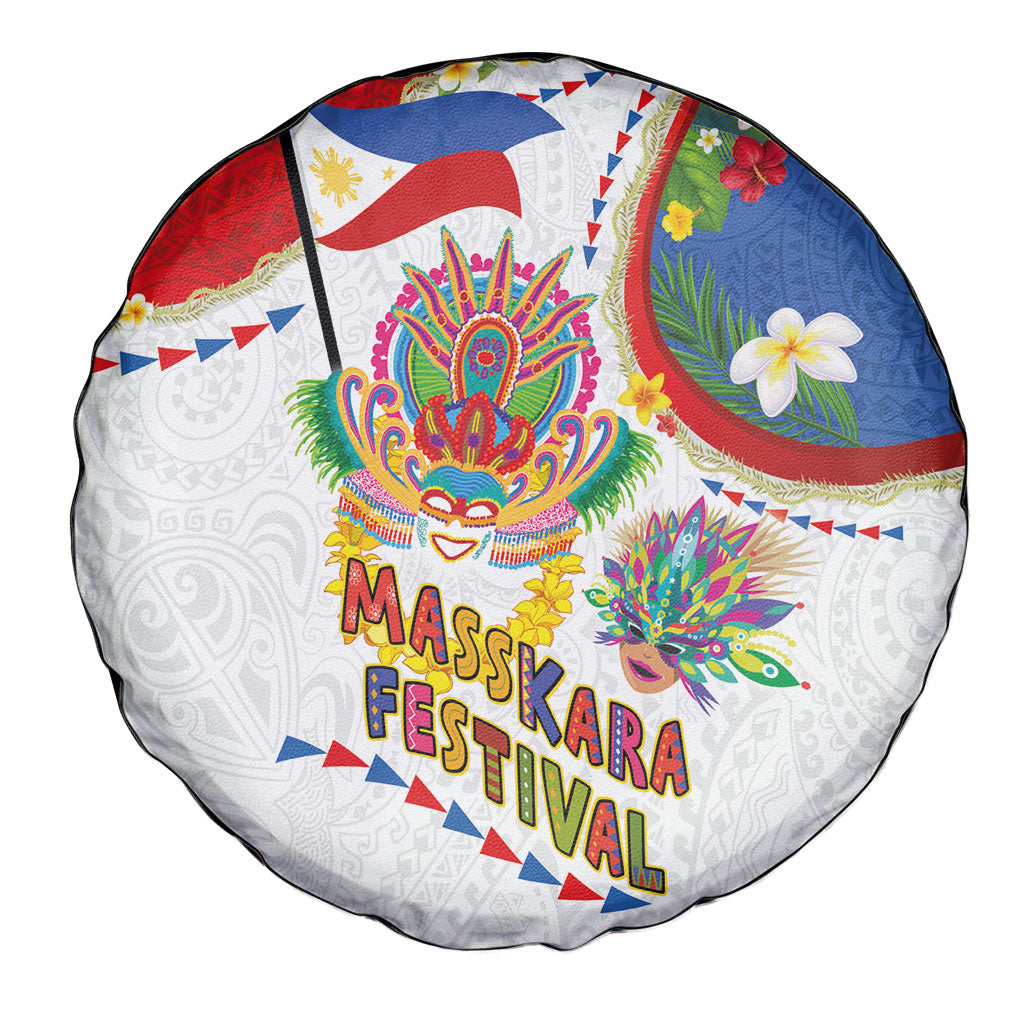 Philippines MassKara Festival Spare Tire Cover Smile Masks with Hawaiian Art Pattern and Tropical Plants