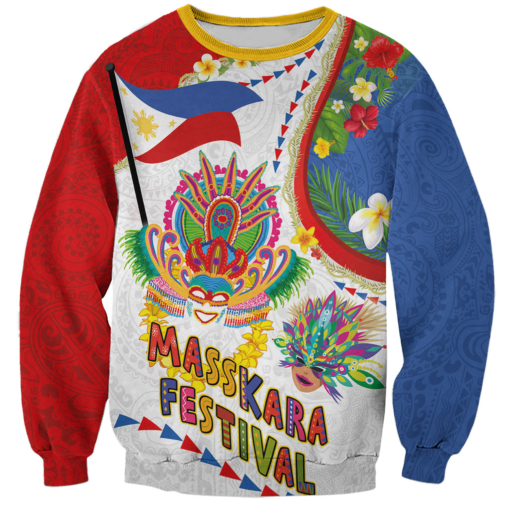 Philippines MassKara Festival Sweatshirt Smile Masks with Hawaiian Art Pattern and Tropical Plants