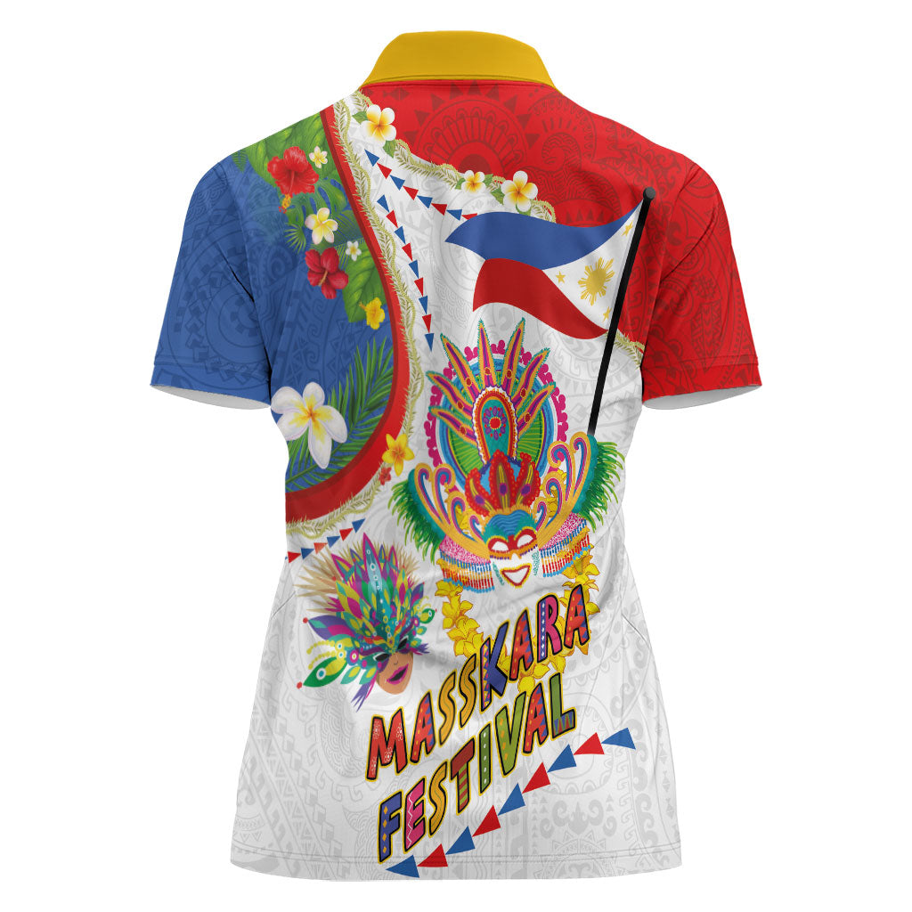 Philippines MassKara Festival Women Polo Shirt Smile Masks with Hawaiian Art Pattern and Tropical Plants