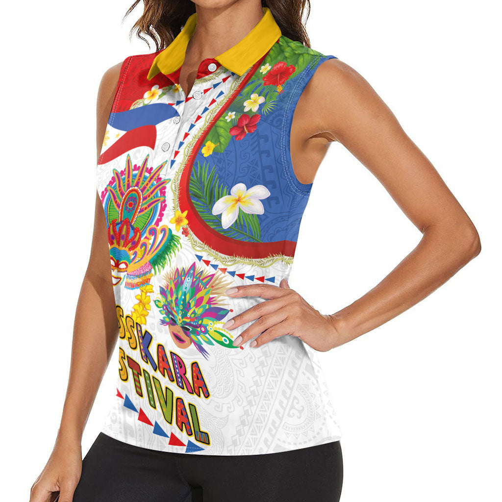 Philippines MassKara Festival Women Sleeveless Polo Shirt Smile Masks with Hawaiian Art Pattern and Tropical Plants
