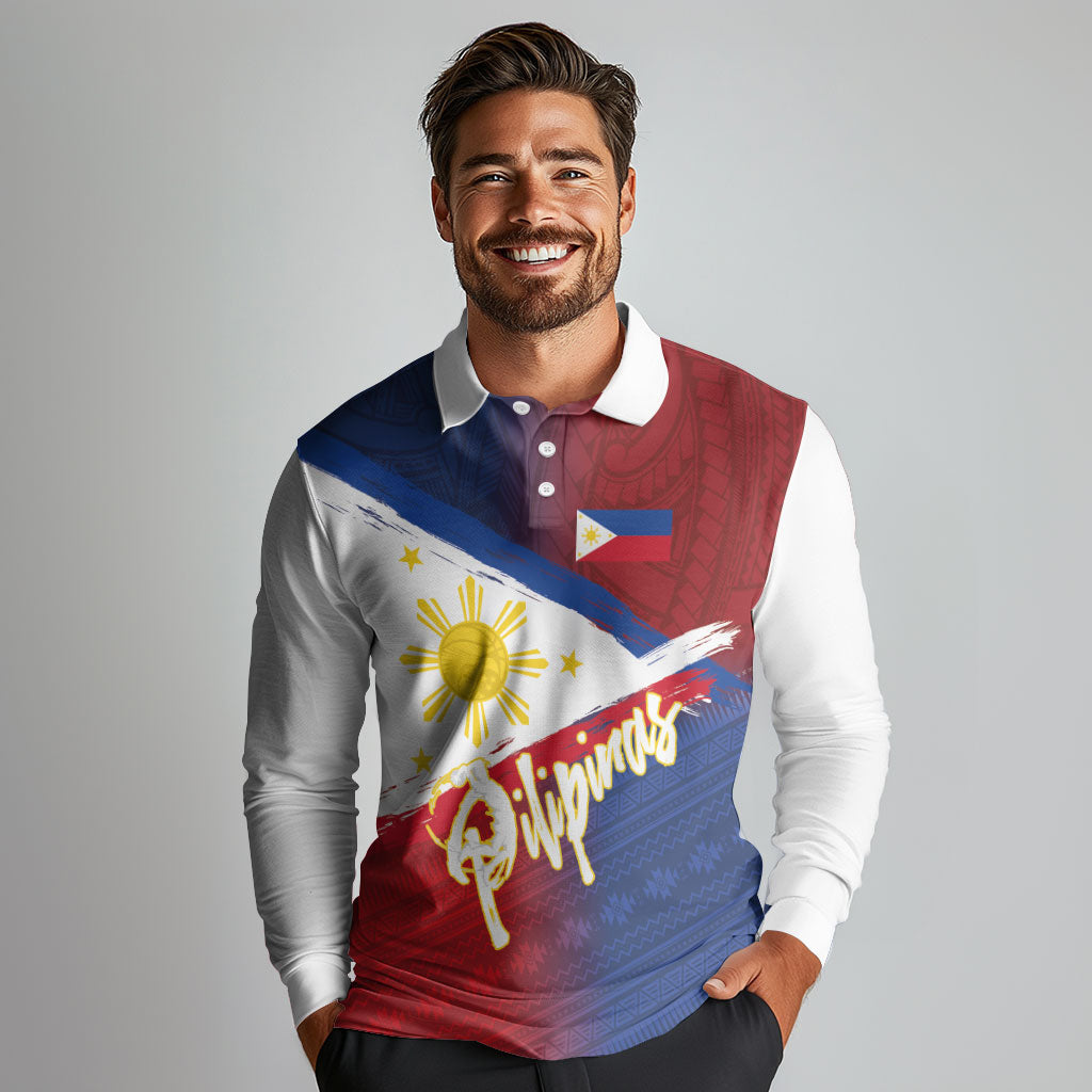 Philippines Basketball Custom Long Sleeve Polo Shirt Pilipinas Tribal Pattern