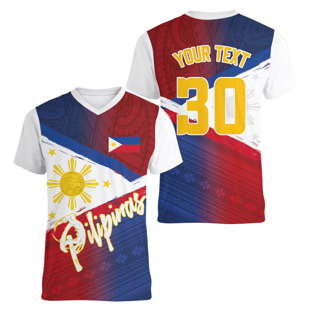 Philippines Basketball Custom Women V-Neck T-Shirt Pilipinas Tribal Pattern