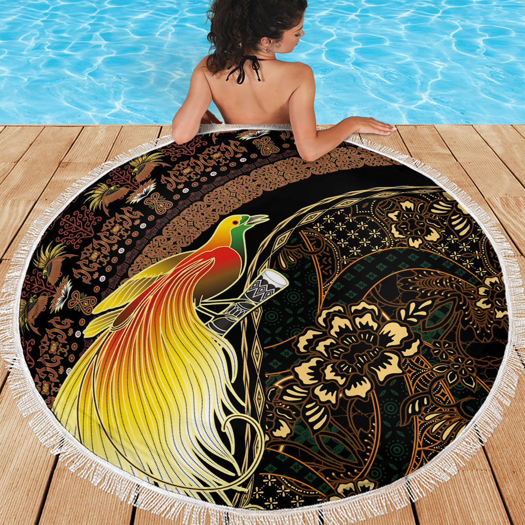 Papua New Guinea and Indonesia Batik Beach Blanket Bird of Paradise with Tribal Batik Patterns