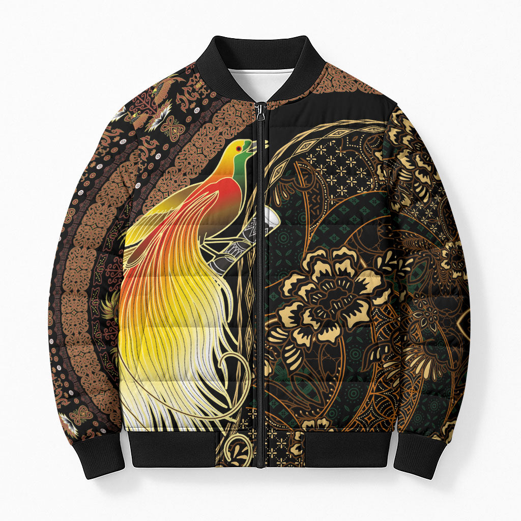 Papua New Guinea and Indonesia Batik Bomber Puffer Jacket Bird of Paradise with Tribal Batik Patterns