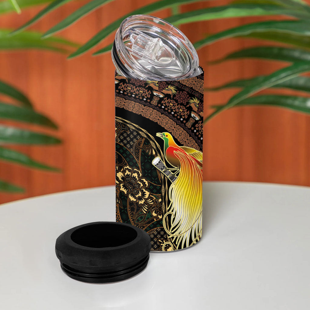 Papua New Guinea and Indonesia Batik 4 in 1 Can Cooler Tumbler Bird of Paradise with Tribal Batik Patterns