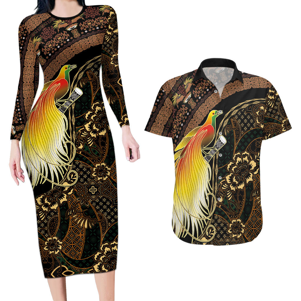 Papua New Guinea and Indonesia Batik Couples Matching Long Sleeve Bodycon Dress and Hawaiian Shirt Bird of Paradise with Tribal Batik Patterns