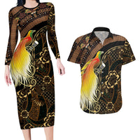 Papua New Guinea and Indonesia Batik Couples Matching Long Sleeve Bodycon Dress and Hawaiian Shirt Bird of Paradise with Tribal Batik Patterns