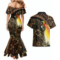 Papua New Guinea and Indonesia Batik Couples Matching Mermaid Dress and Hawaiian Shirt Bird of Paradise with Tribal Batik Patterns