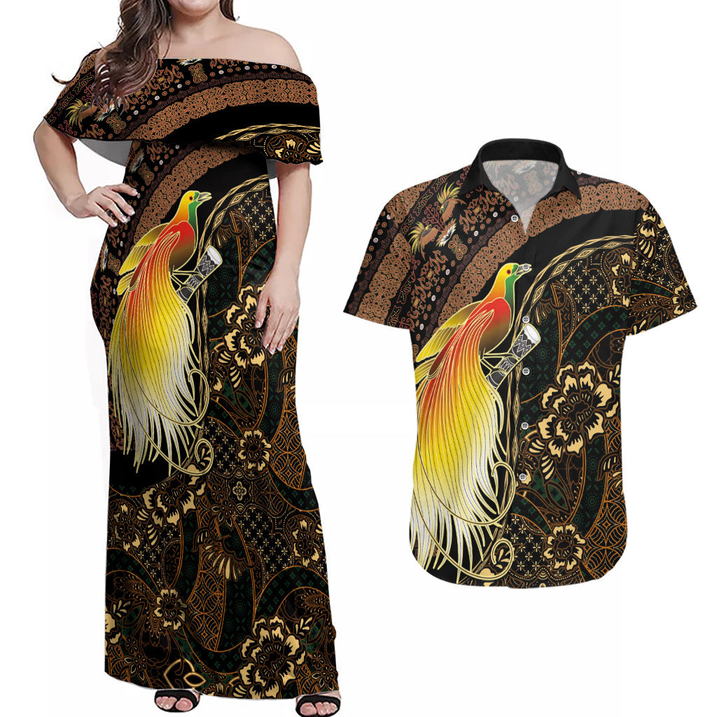Papua New Guinea and Indonesia Batik Couples Matching Off Shoulder Maxi Dress and Hawaiian Shirt Bird of Paradise with Tribal Batik Patterns LT03 Multicolor - Polynesian Pride