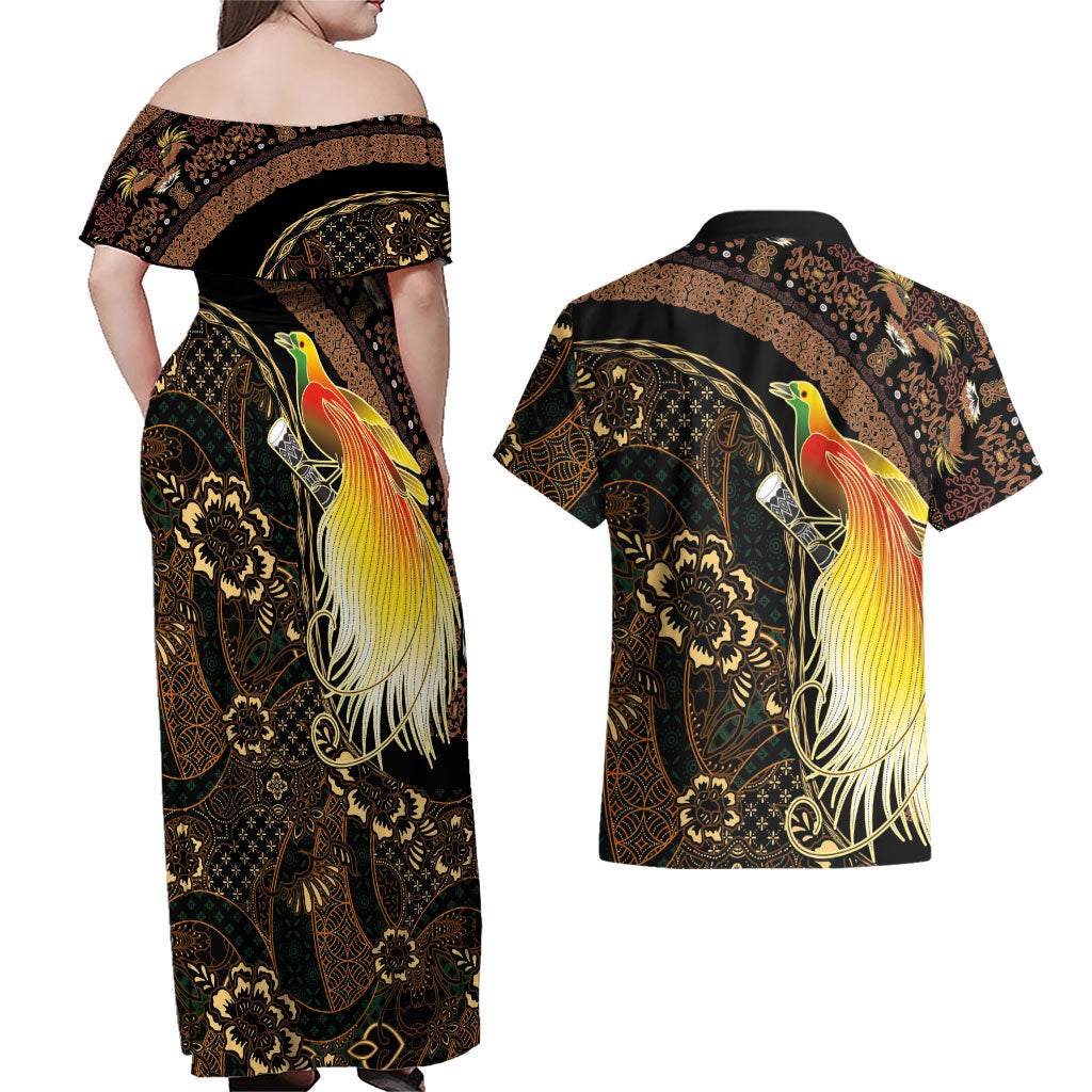 Papua New Guinea and Indonesia Batik Couples Matching Off Shoulder Maxi Dress and Hawaiian Shirt Bird of Paradise with Tribal Batik Patterns