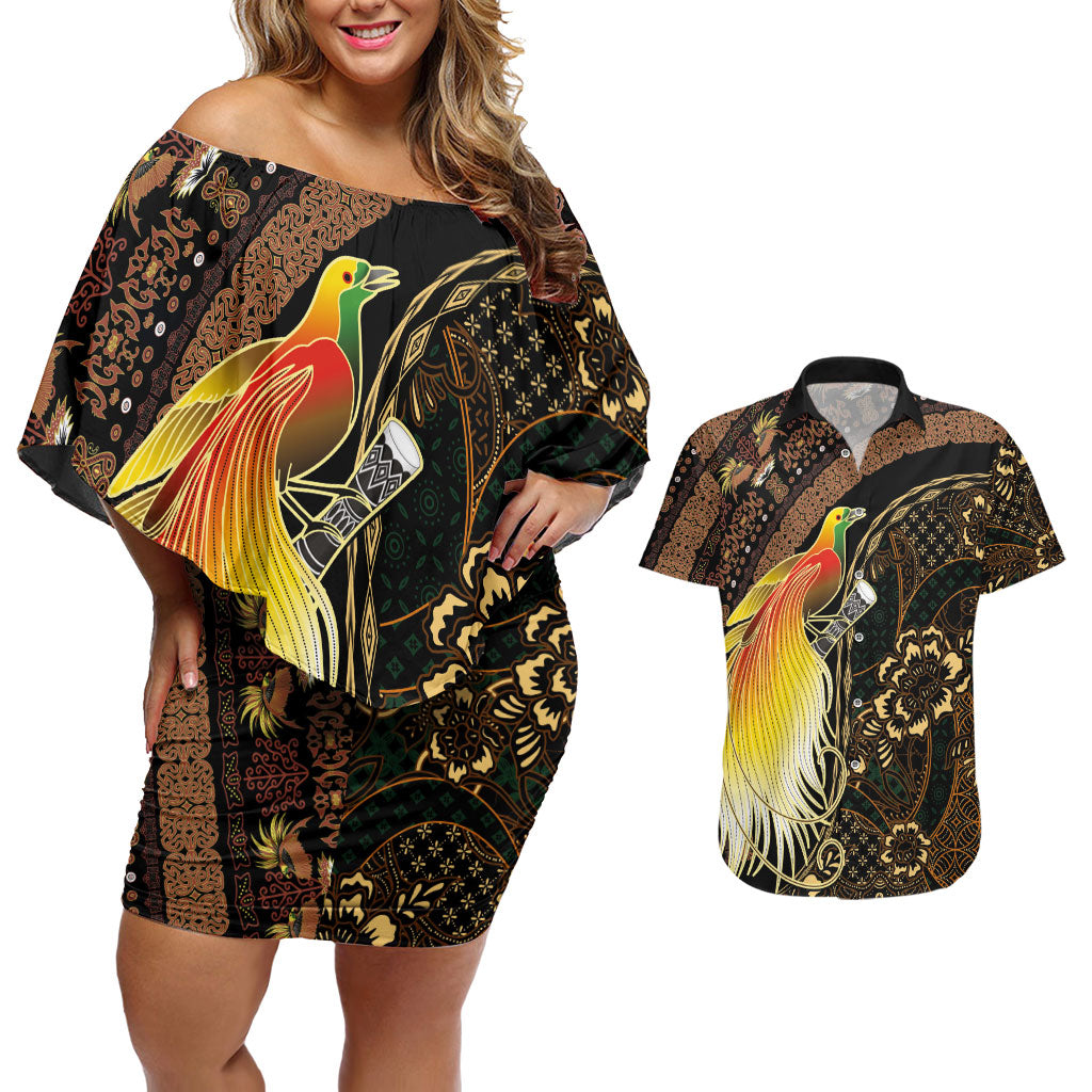 Papua New Guinea and Indonesia Batik Couples Matching Off Shoulder Short Dress and Hawaiian Shirt Bird of Paradise with Tribal Batik Patterns LT03 Multicolor - Polynesian Pride