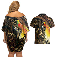 Papua New Guinea and Indonesia Batik Couples Matching Off Shoulder Short Dress and Hawaiian Shirt Bird of Paradise with Tribal Batik Patterns