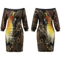 Papua New Guinea and Indonesia Batik Couples Matching Off The Shoulder Long Sleeve Dress and Long Sleeve Button Shirt Bird of Paradise with Tribal Batik Patterns LT03 - Polynesian Pride