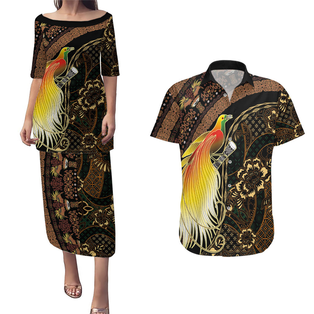 Papua New Guinea and Indonesia Batik Couples Matching Puletasi and Hawaiian Shirt Bird of Paradise with Tribal Batik Patterns