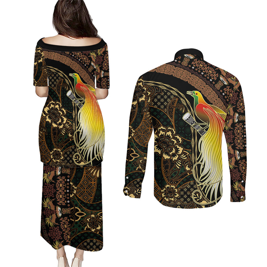 Papua New Guinea and Indonesia Batik Couples Matching Puletasi and Long Sleeve Button Shirt Bird of Paradise with Tribal Batik Patterns